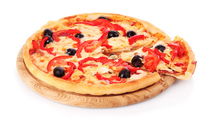 Pizza with olives and tomatoes closeup