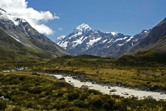 Mount Cook, muddy river and grassland