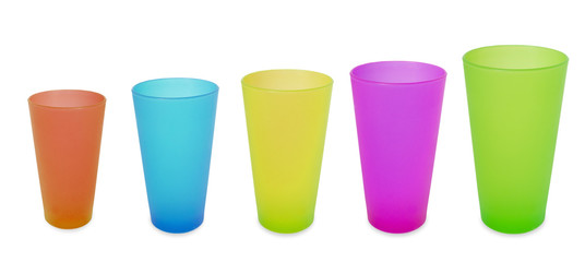 five plastic cups blue red green yellow