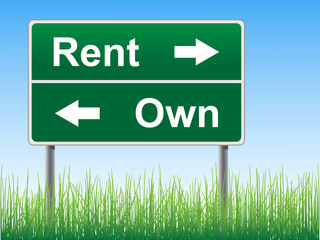 Rent and Own road sign on the sky background, grass underneath.