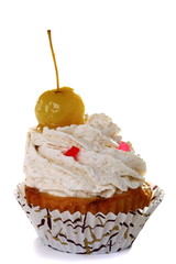 Cake with whipped cream on a white background.