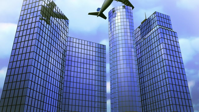 Airplane flying above office buildings