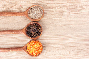 spices in the spoons on wooden background