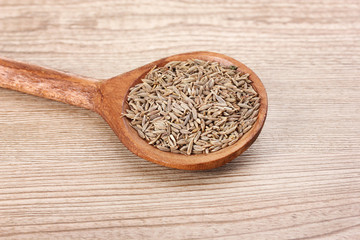 spice cumin in spoonon wooden background