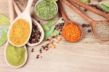 spices in the spoons on wooden background