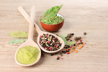 spices in the spoons on wooden background