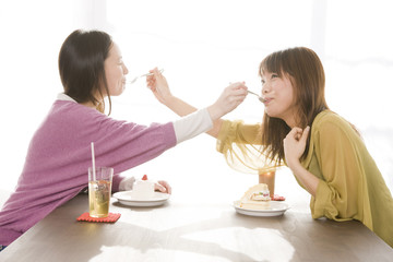 Obraz na płótnie Canvas ケーキを食べ合わせる女性2人