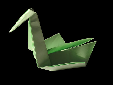 Origami Green Swan Isolated On Black