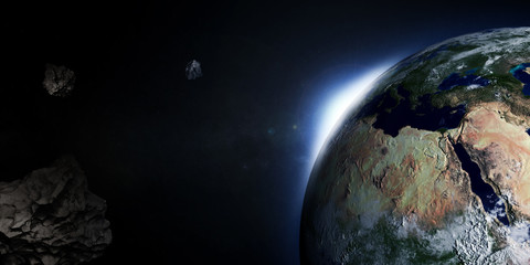 3D Illustration of Earth with Rising Sun and Asteroids