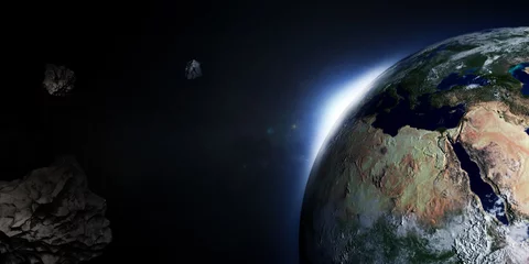 Zelfklevend Fotobehang Volle maan en bomen 3D illustratie van de aarde met de rijzende zon en asteroïden