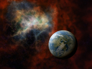 Obraz na płótnie Canvas Kosmos - niebieska planeta z czerwonej mgławicy kosmicznej