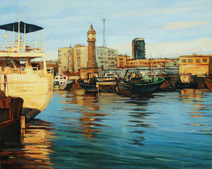 Fototapeta na wymiar Stary Port w Barcelonie, malowanie na płótnie oleju