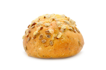 Wholemeal Bun with Sunflower Seeds And Cheese Isolated on White