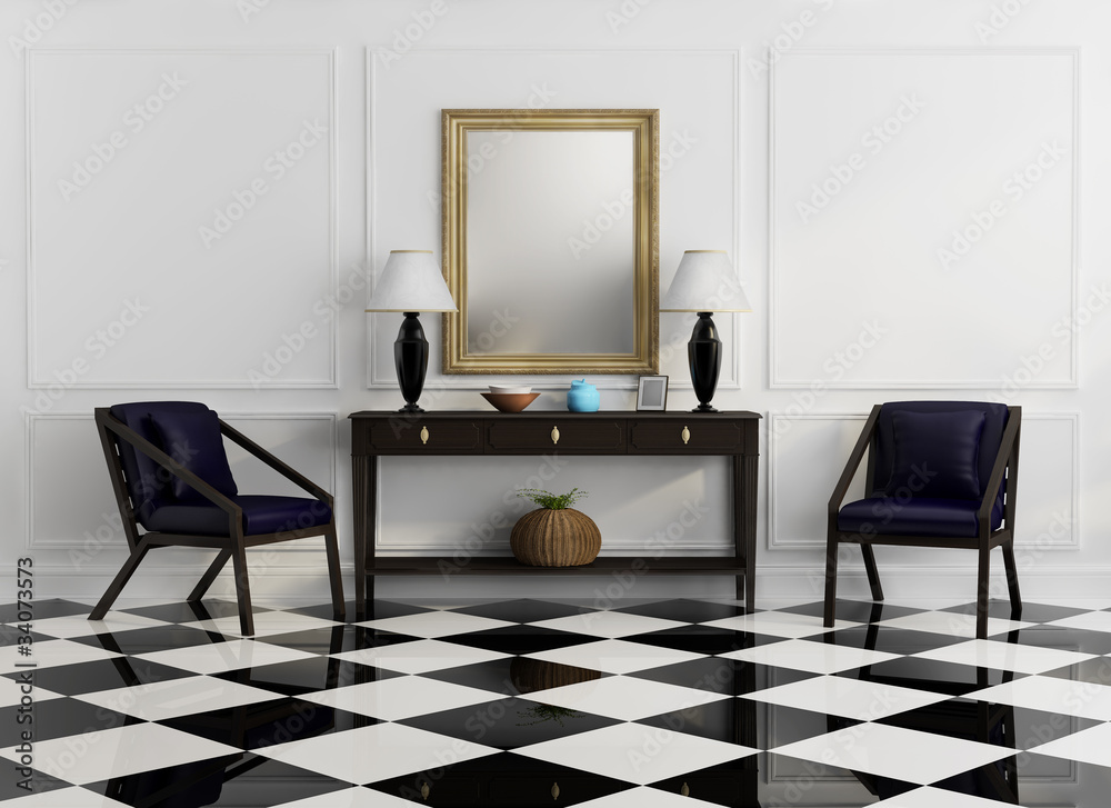 Wall mural vintage console table with purple chairs and checker floor