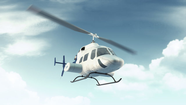 Helicopter flight in blue clouds sky