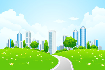 Green landscape with city