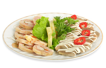 Cold appetizer meatloaf, decorated slices of pineapple and lettu