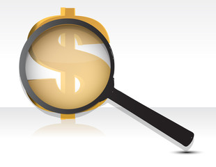 Magnifier and sign of dollar. Abstract finance symbol