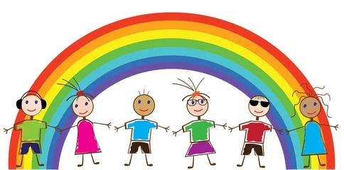 Fotobehang Regenboog vector grappige mensen en regenboog
