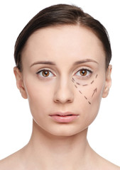 Fototapeta premium Correction lines on woman face, before surgery operetion