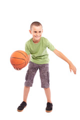 Child with basketball isolated on white background