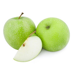 Green apple fruits and half of apple and green leaves isolated