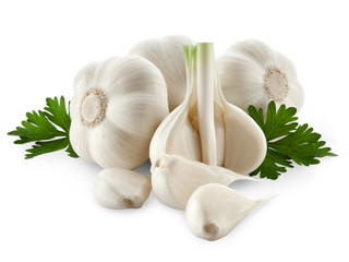 garlic decorated parsley leaves isolated on white background