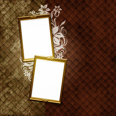 Golden frame over vintage striped wallpaper and floral elements