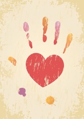 Grunge page with the heart-shaped hand print and color spatters