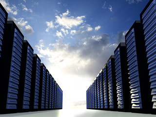 Serverracks with blue cloudy sky