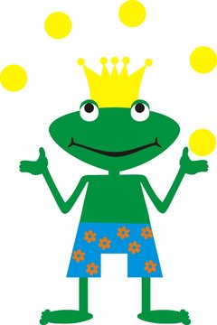 ein gr&uuml;ner Froschk&ouml;nig mit eine blauen Badehose jongliert goldene Kugeln