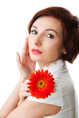 Beautiful woman with flower in her hands against white backgroun