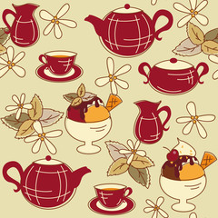 Seamless pattern with tea and dessert