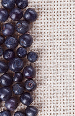Many bilberry fruits, on gray linen table cloth with copy space