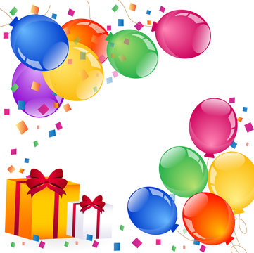 Party colorful balloons with gift boxes