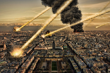Meteorite shower over paris, destroying the city - obrazy, fototapety, plakaty