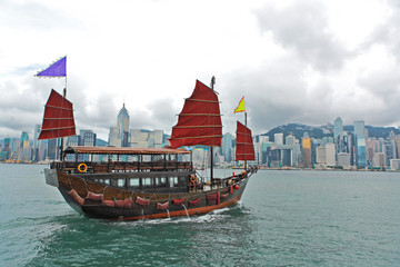 Hong Kong harbour with tourist junk