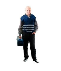 Fototapeta premium Confident man standing with toolbox in right hand