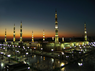 Nabawi Mosque, Medina, Saudi Arabia at dusk.