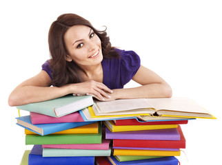 Girl with pile color book .