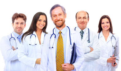 Fototapeta premium Portrait of group of smiling hospital colleagues standing