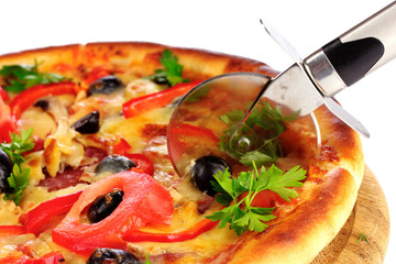 pizza on a wooden stand isolated on white