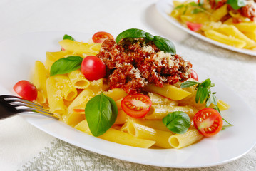 Pasta rigatoni on the white plate