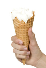 Man is holding white ice cream