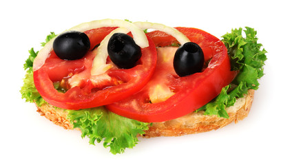 tasty sandwich with tomatoes and olives isolated on white