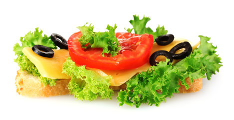 tasty sandwich with cheese and tomatoes isolated on white