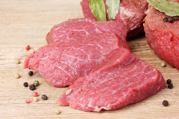 raw meat and spices on wooden background