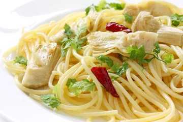 Acrylic prints meal dishes spaghetti with artichoke hearts , italian pasta dish