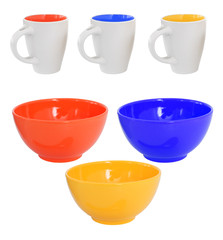 Three multicolored mugs and bowls