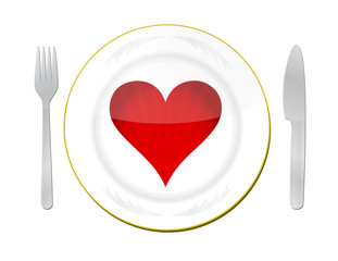 heart on the plate with fork and knife